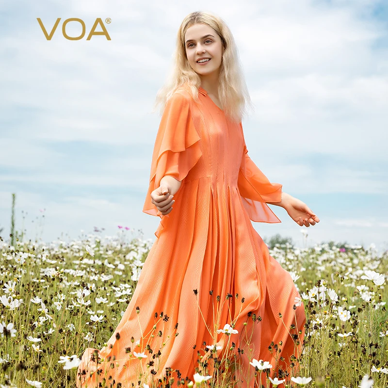 

VOA Jacquard Mulberry Silk Orange Stand Collar Dresses Women Paneled Georgette Silk Ruffled Half-sleeve Large Swing Dress AE1528