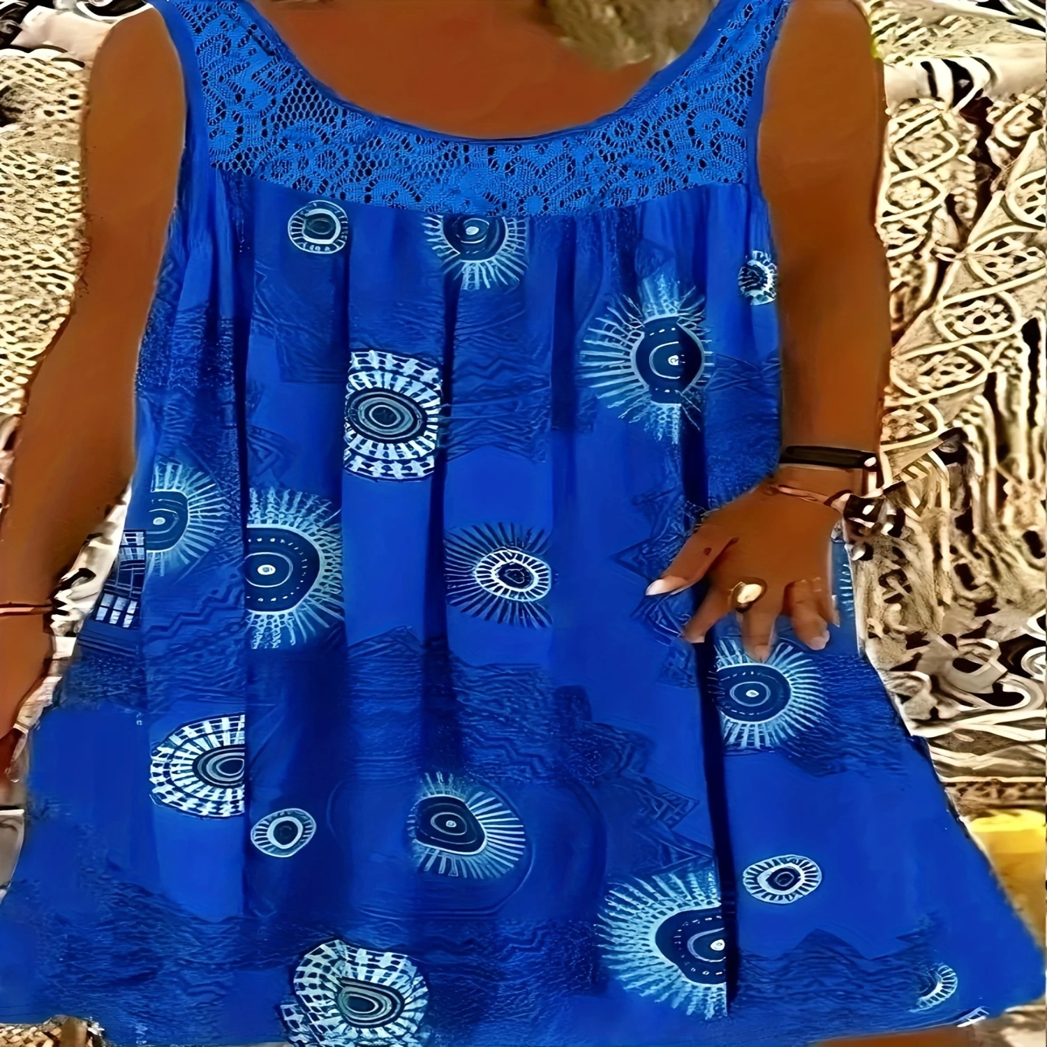 Plus Size Eyelet-Embroidered Tank Dress - Sleeveless Geometric Print Vacation-Ready with Contrast Lace All-Season Comfort