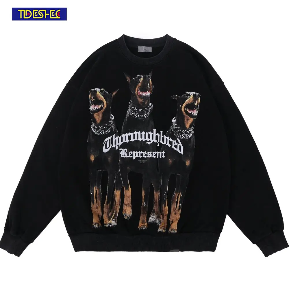 

High Street 2022 Men Vintage Long Sleeve Sweatshirt Doberman Printed Hip Hop Streetwear Harajuku Men Loose Oversized Pullover