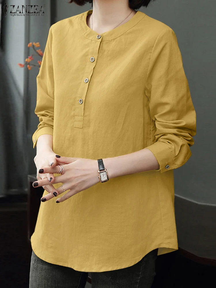 

Блузка ZANZEA Женская с длинным рукавом, Повседневная рубашка с круглым вырезом, на пуговицах, рабочая сорочка, винтажная хлопковая туника, Топ...