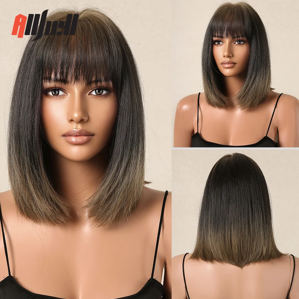 

Brown Bob Wig Short Straight Synthetic Wigs Ash Blonde to Brown Ombre Wig for Women Heat Resistant Daily Cosplay Hair With Bangs