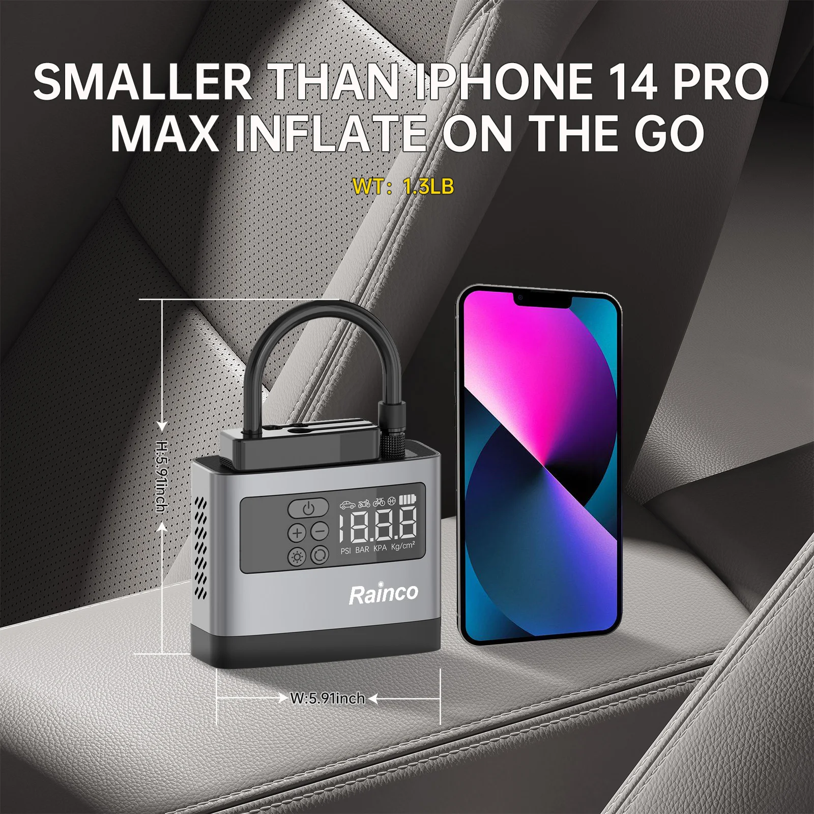 Мини-портативный воздушный компрессор Rainco GTI50 с технологией светодиодных диодов