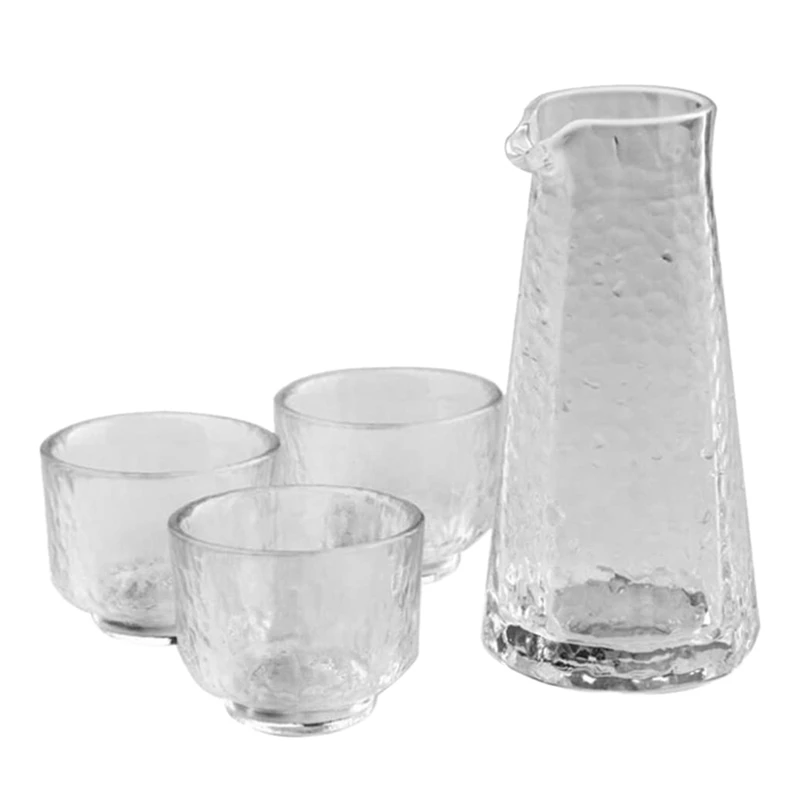 

Promotion! 4 Pcs Of Transparent Japanese Sake Jug ,One Jug Three Glasses Glass Liquor Glass Set With Hammer Pattern
