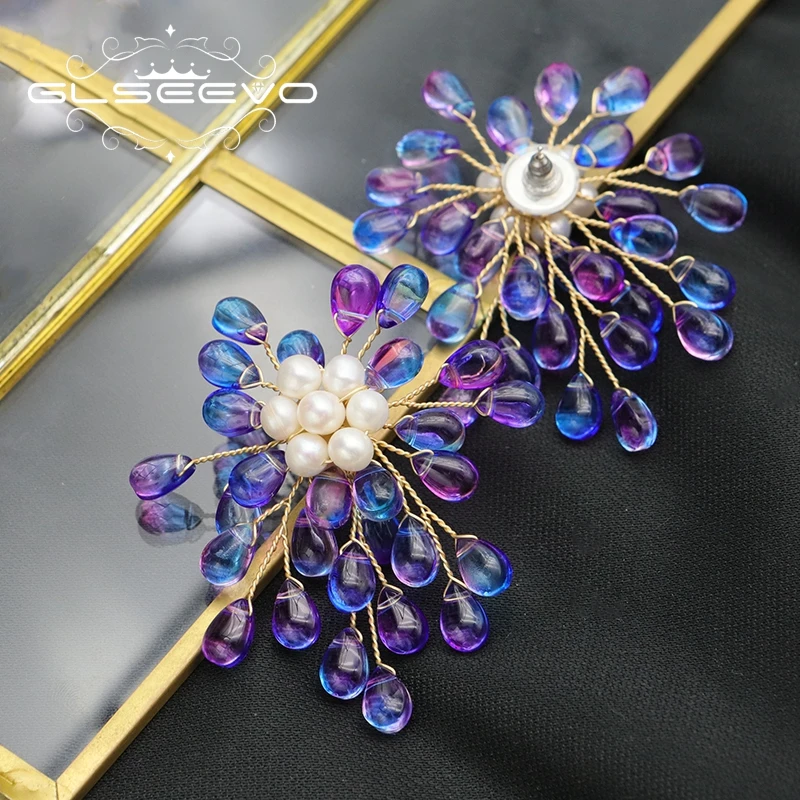 

GLSEEVO Blue Crystal Twig Natural Freshwater Pearls 2022 New Design Minimalism Woman Premium Accessories Anniversary Gift GE1206