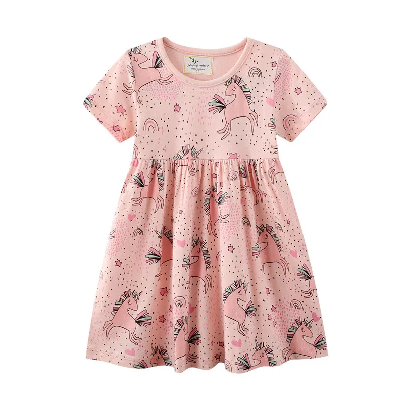 Jumping Meters New Arrival 2-7T Children's Girls Dresses Short Sleeve Summer Baby Party Clothes Unicorns Print Toddler Dresses