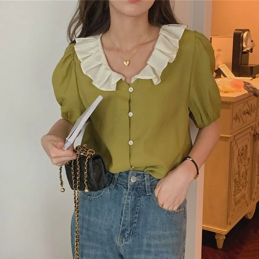 

HziriP Chic Short Sleeve Shirts Lapel Office Lady Women Slim New 2022 All Match Summer High Street OL Sweet Work Wear Blusas