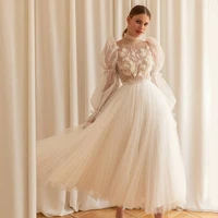bohemian tulle wedding dress puff sleeve high neck tea length romantic bridal gown for bride applique zipper back robe de soriee