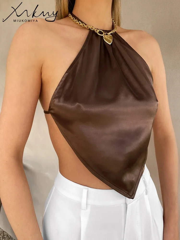 

MiuKoMiYa Camisole Sexy Halter Crop Tops Women Summer Satin Bellyband Tank Top Beach Halter Neck Backless Crop Top Women Sexy