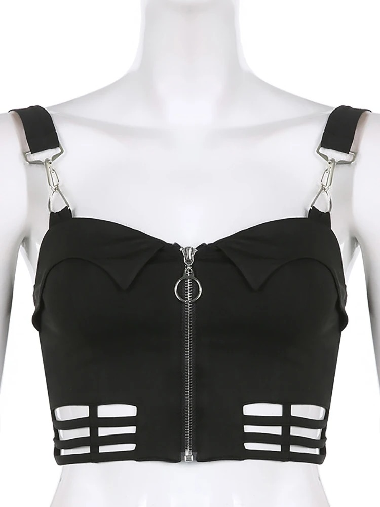 Goth Dark Mall Gothic Sexy Cut Out Zip Up Tank Tops Grunge Bodycon Punk Black Women Camis Patchwork Crop Bustier Emo Alt Clothes |