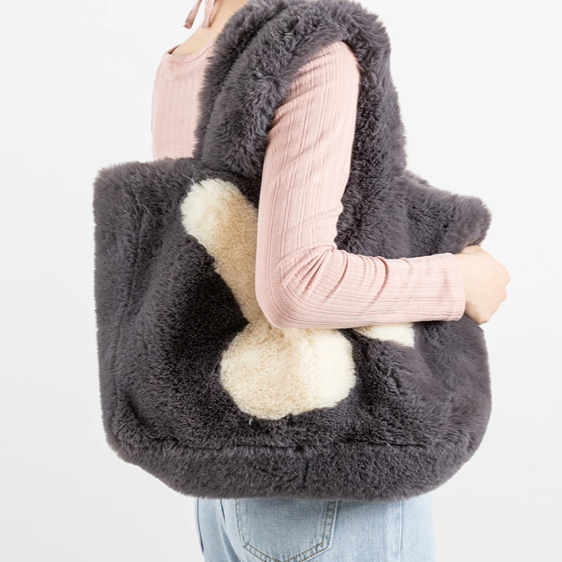 Casual Fluffy Plush Large Tote Bag Cute Cartoon Pattern Women Handbags Luxury Faux Fur Shoulder Bags Warm Winter Big Purses 2022