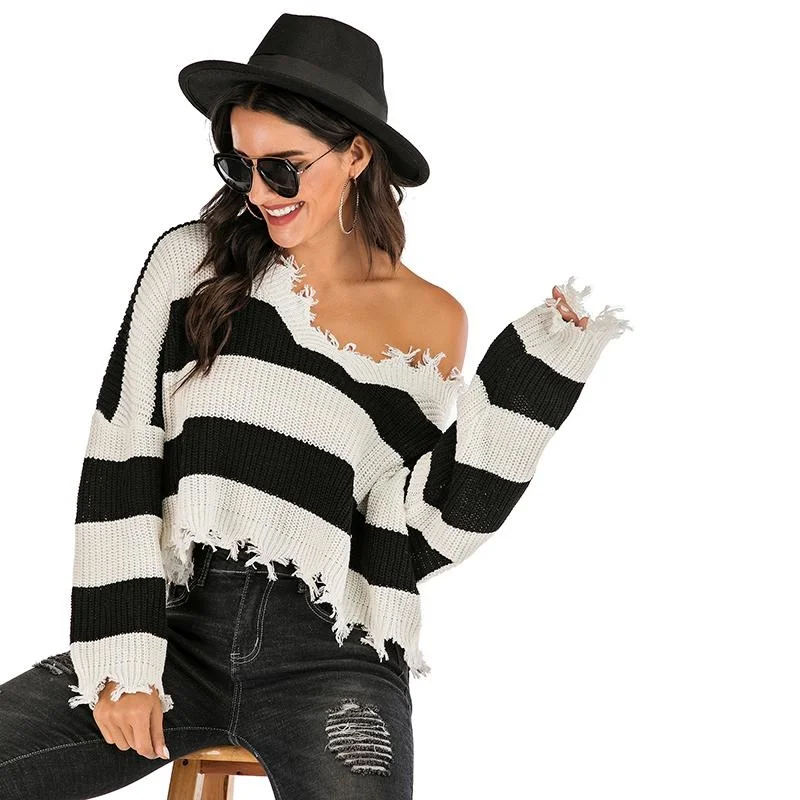 

Women's Sweaters Autumn And Winter V-neck Short Hedging Knit Bottoming Sweater Long-sleeve Loose Strips Casual Top Thin