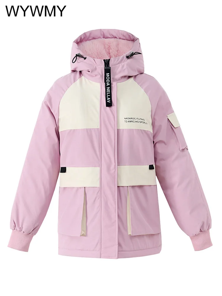 Winter Jacket Women Warm Parkas Fur Lining Snow Wear Jackets Spliced Hooded Coats Office Lady Slim Fashion Big Pockets Clothing