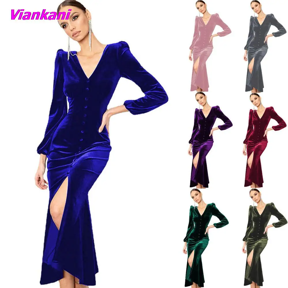 

Vintage Velvet Sexy Party Dress Women 2022 New Autumn Split Slim Deep V Neck Vestidos Fashion Prom Wedding Mermaid Maxi Dresses