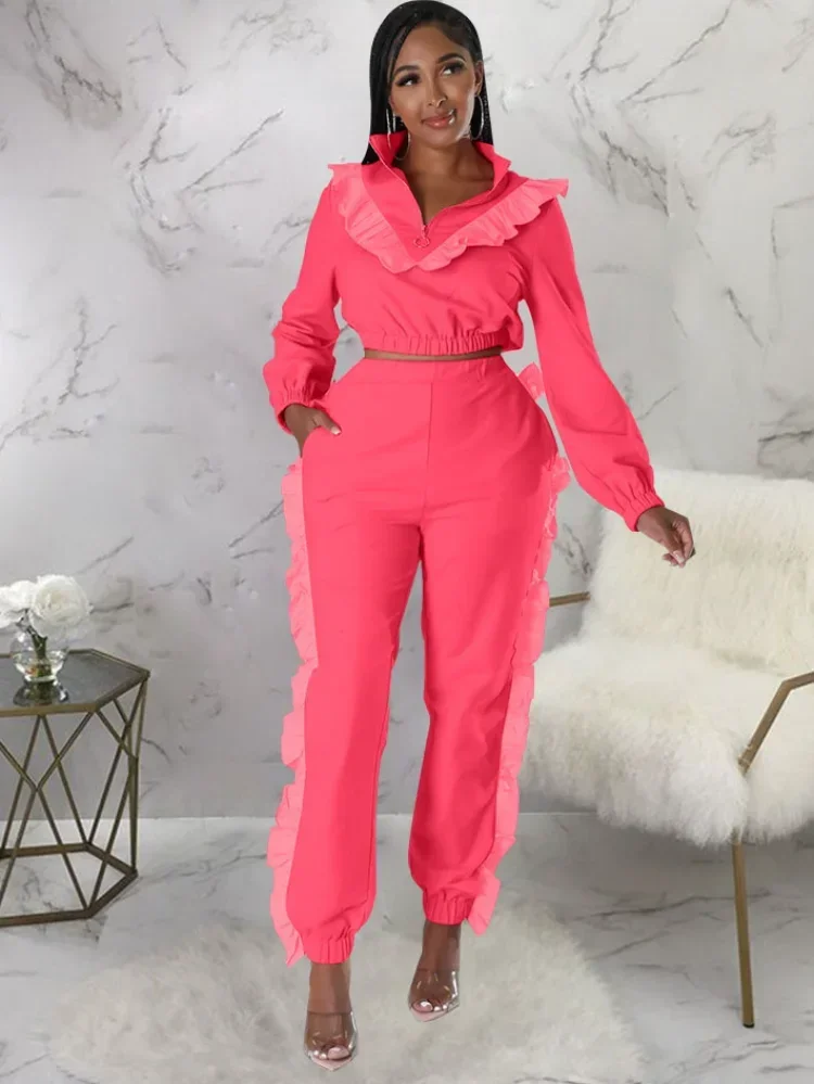 KEXU винтажный брючный костюм с оборками и рюшами толстовка на молнии комплект из