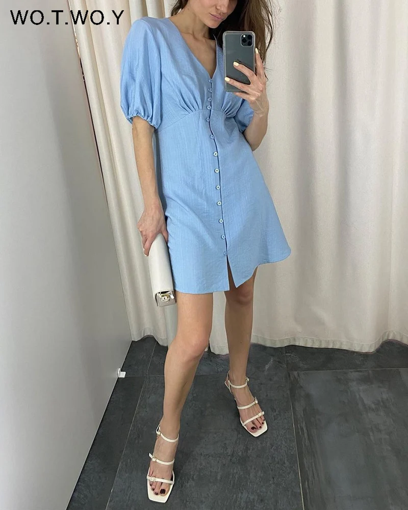

WOTWOY Summer V-Neck Puff Sleeve Dress Women Single Breasted Slim Fit A-Line Dresses Female Korean Solid Mini Dress Party 2022