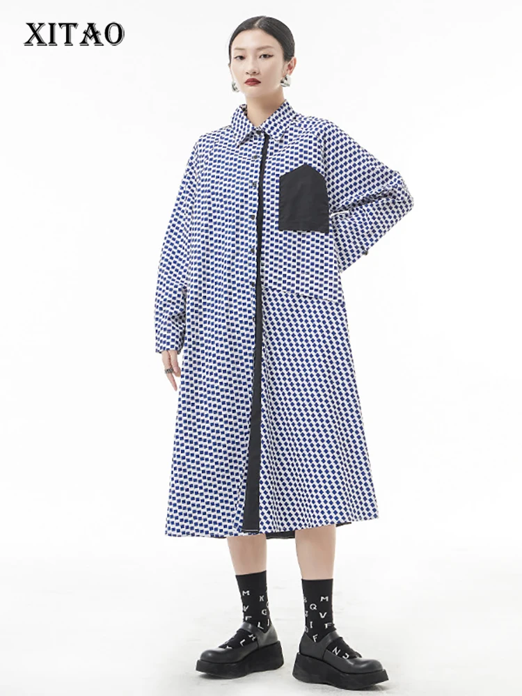 

XITAO клетчатое платье-рубашка в стиле пэчворк с карманами, однобортное свободное женское платье, весна 2022, Новое поступление, Повседневная мо...
