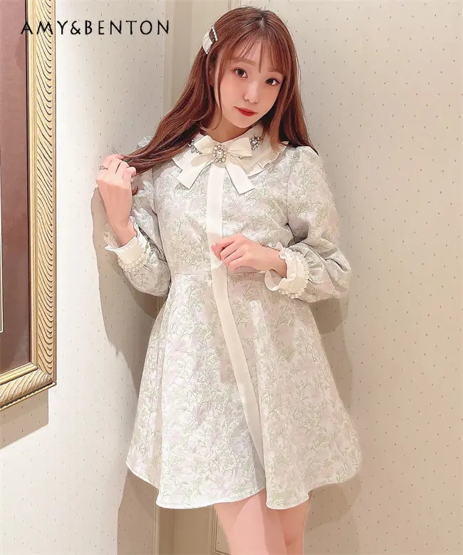 2023 Spring Autumn New Lolita Dress Women Slim Fit Classic Style Embroidery Floral Dress Female Beaded Bowknot Vintage Dress