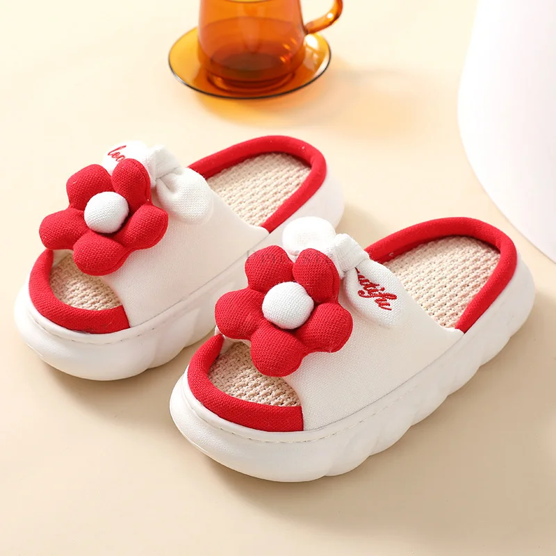 Flowers Butterfly-Knot Design Bedroom Slippers for Women Casual Flat Platform Slippers Cotton FlaxNon-slip Female Indoor Slides