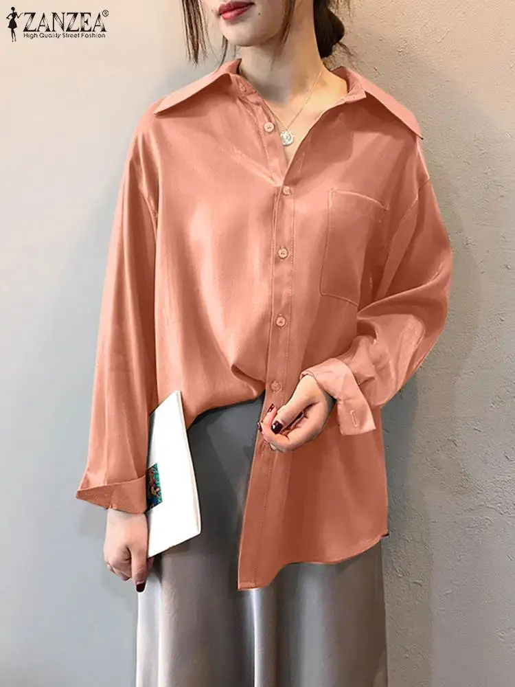 

ZANZEA Women Office Glossy Shirts Fashion 2023 Long Sleeve Oversize Chemise Autumn Casual Loose Tops Korean Style BF Blouses