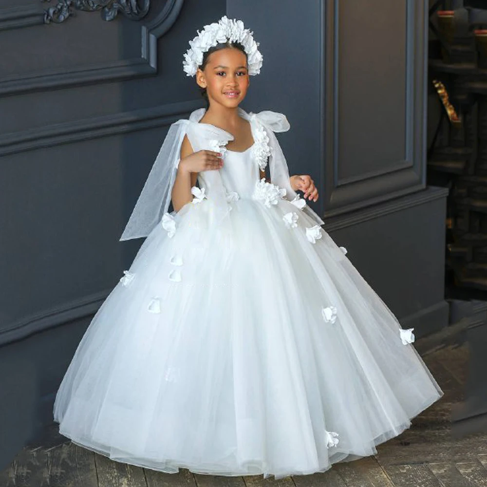 

Simple White Flower Girl Dresses Applique A-line Kids Evening Pageant Gowns Beads First Holy Communion Dresses For Princes