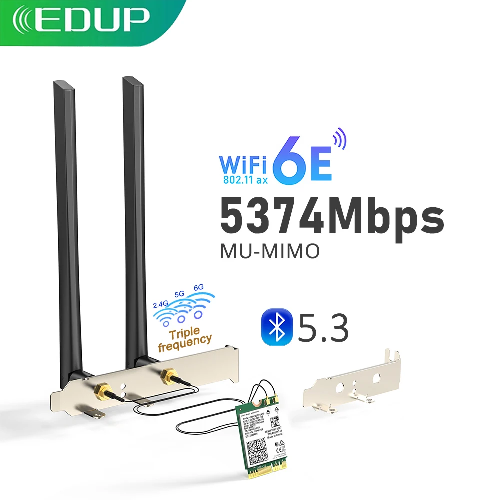 EDUP WiFi6E Intel AX210 Wireless Card 5374Mbps BT5.3 Tri-Band 2.4G/5G/6G AX210NGW 802.11AX with Desktop Kit Antenna for Win10/11