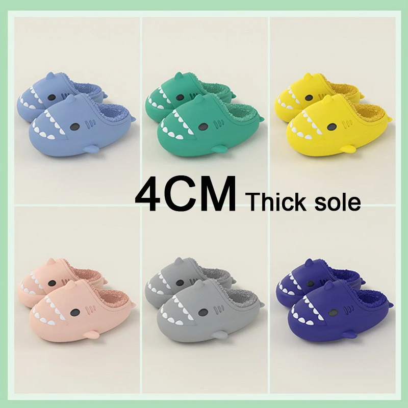 

Cartoon Shark Home Slippers For Children Boys Girls Winter Warm Plush Anti Skid Soft Sole Baby Toddler Indoor Household Shoes