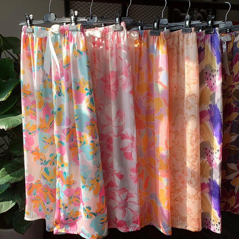 

Silk Women Pajama Pant Summer Spring Long Pant Ladies Home Pant Thin Floral Print Satin Loose Sleepwear For Female 2022