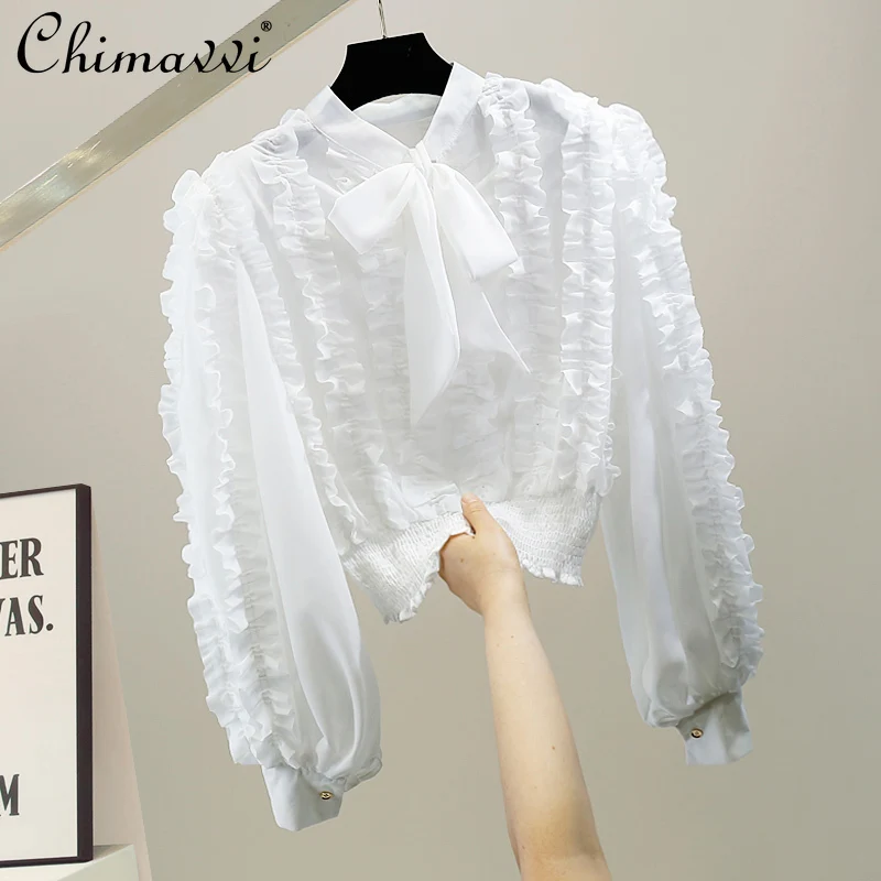 

French Style Fungus Stitching Lace-up Bow Pullover Top 2022 Spring Fashion Slim Puff Sleeve Long Sleeve Elegant Chiffon Shirt
