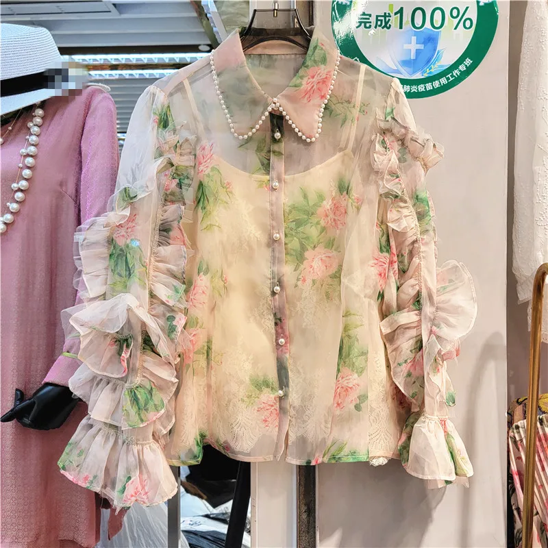 Women's Shirts 2022 Summer New Pearl Collar Organza Printed Mesh Lotus Leaf Lace Perspective Flower Shirts Women Free Shipping