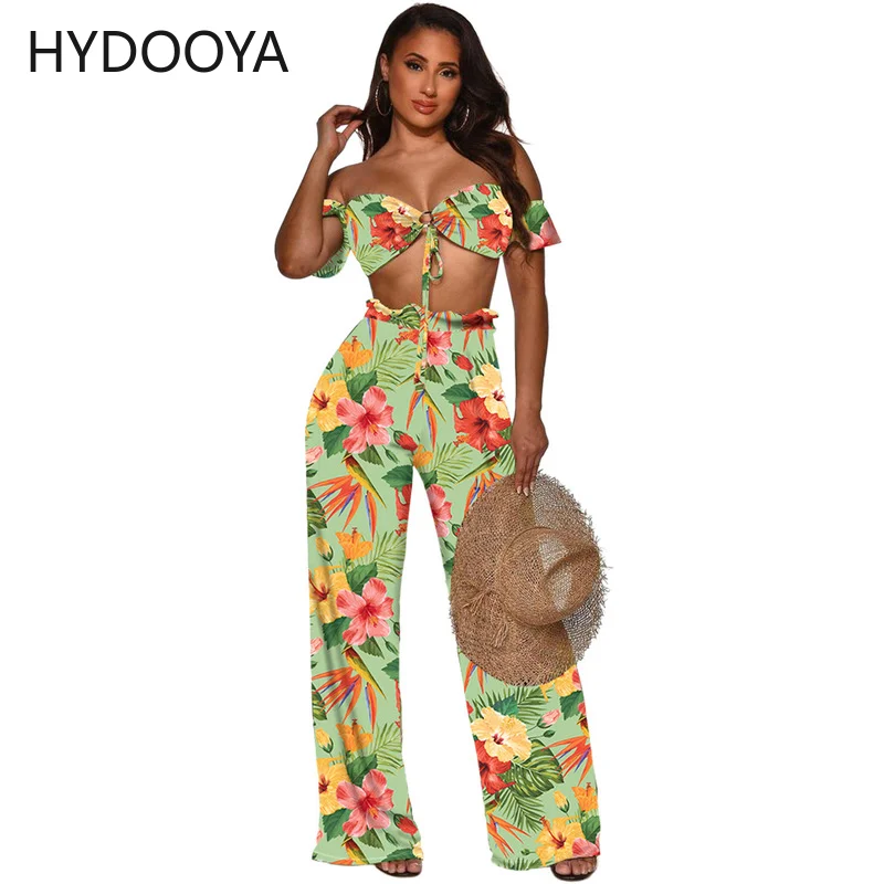 

2 Pcs Suit Summer Tracksuit Sets Womens Outfits Boho Beach Style Floral Print Tops Loose Wide Leg Pants Female Clothes Sets 2022