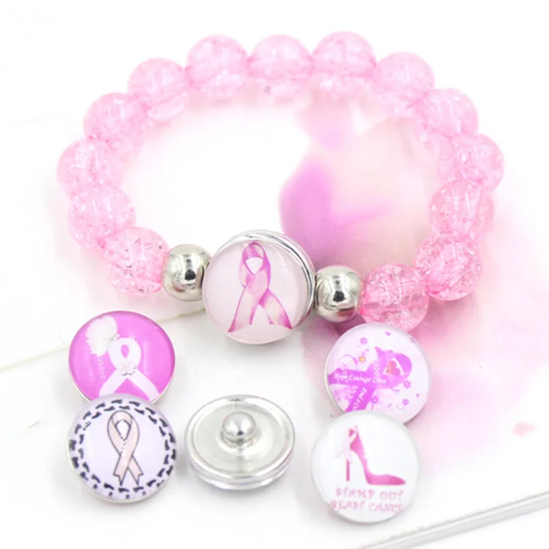 

1PC Bracelet 6PCS of Button DIY Breast Cancer Awareness Bracelet Pink Ribbon Breast Cancer 18mm Button Bracelet For snap jewelry