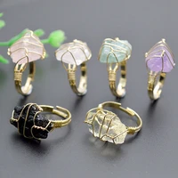 fashion irregular raw natural stone wire wrap tourmaline agate rose quartz crystal finger open resizable ring for women