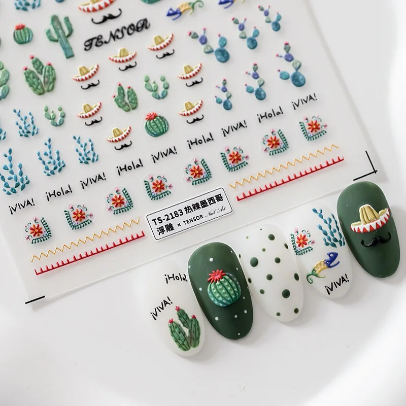 

Lively Green Cactus 5D Soft Relief Nails Stickers Traceless Adhesive Sliders for Nail Design 2023 Professional Manicure Supplies