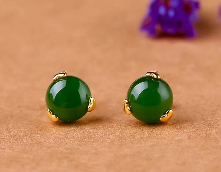 

New 24K Gold Plated with Certificate Natural Chinese Green Jade Stud Earrings