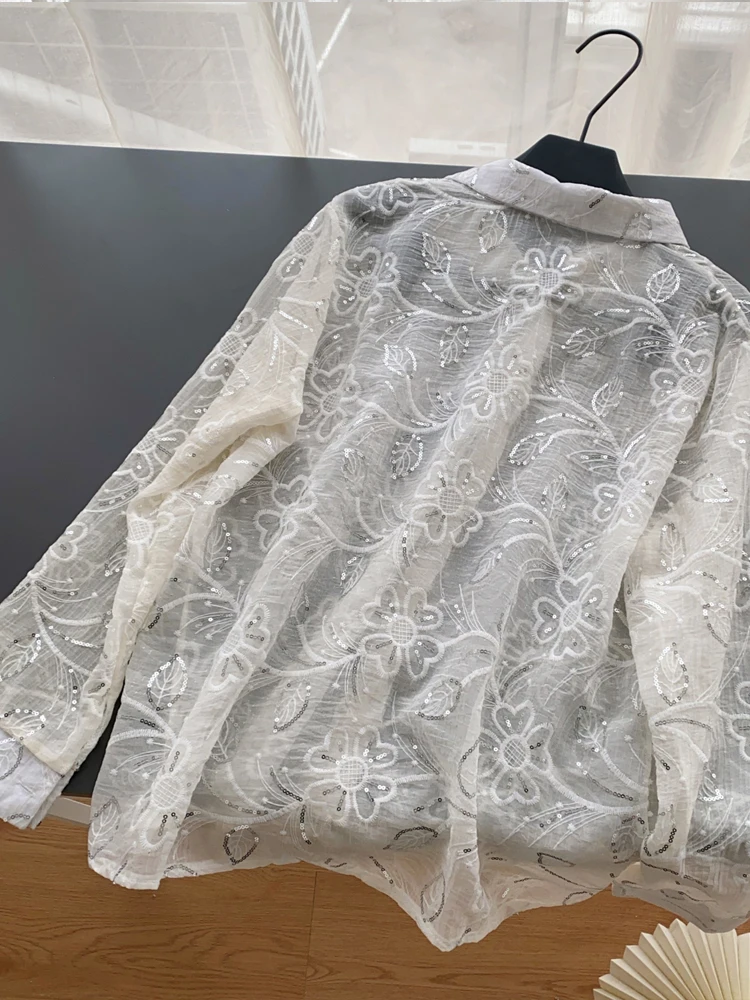 Уличная женская блузка с блестками рубашка длинными рукавами и цветочной