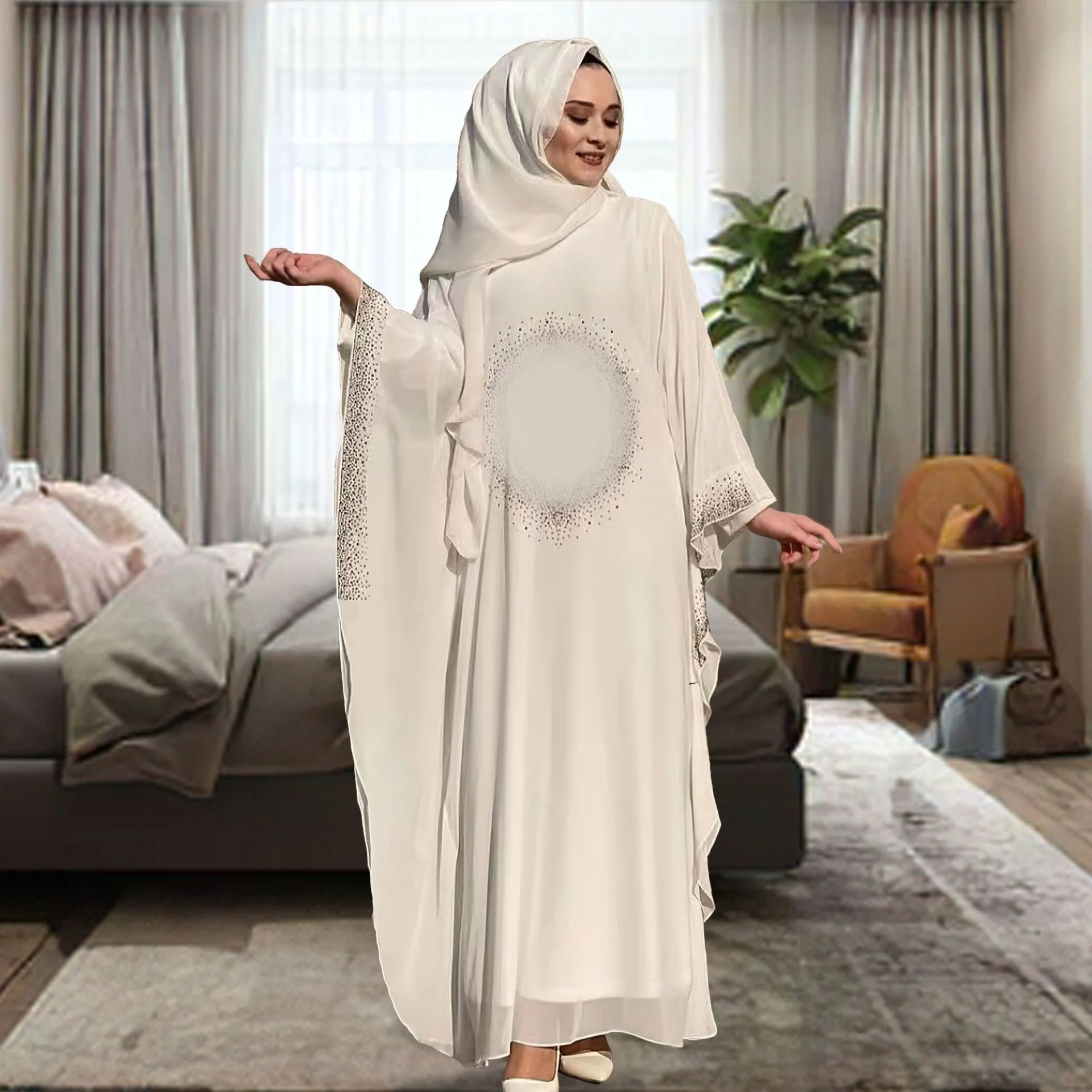 Abaya For Women Muslin Ramadan Robe Chiffon Hot Diamond Dress With Headcard Arabic Dubai Islam Abaya With Bat Sleeves Clothing