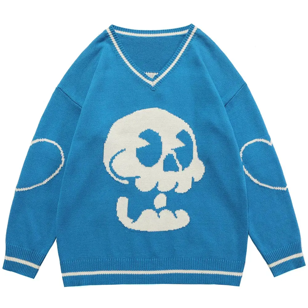 Мужской свитер Aolamegs вязаный джемпер с вышивкой в виде скелета и v-образным