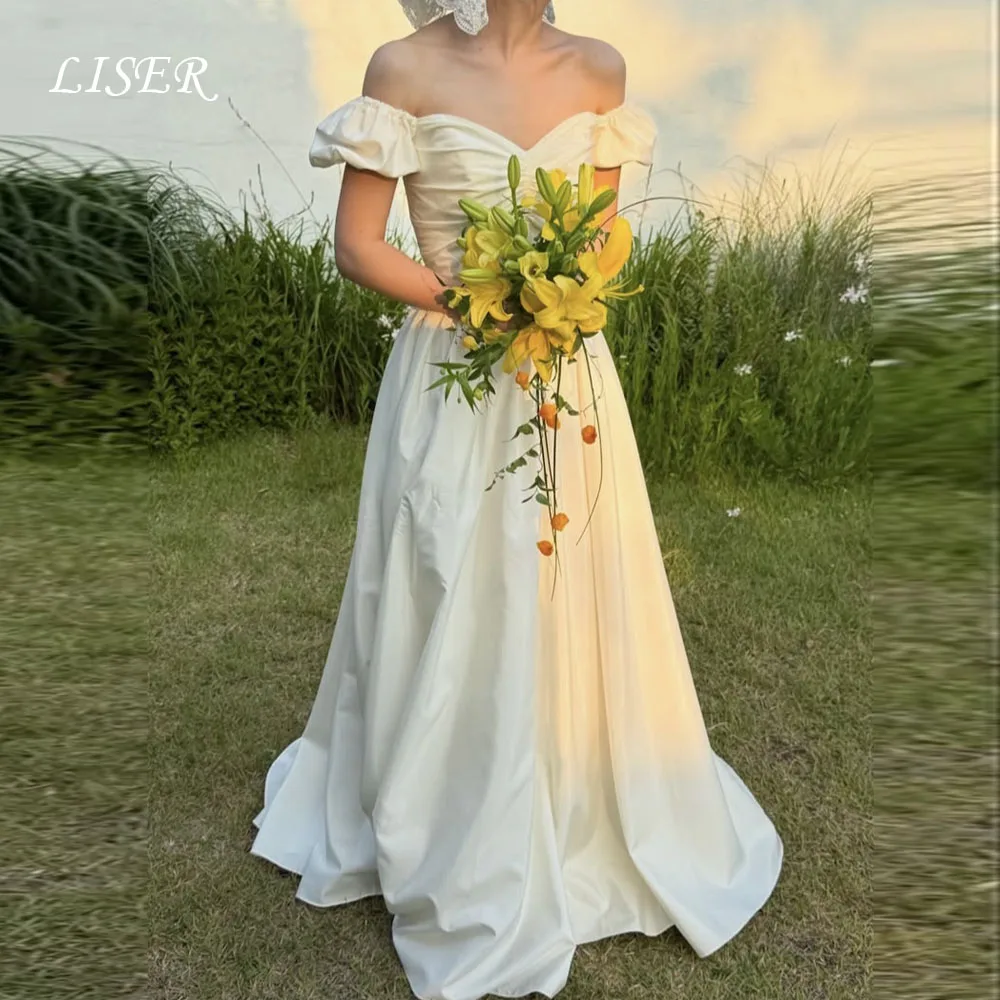 Фото Liser Sweetheart Корейские свадебные платья трапециевидной формы с короткими рукавами Простое шелковое атласное элегантное свадебное платье для фотосессии 저 opple 드레스 Настроить №1