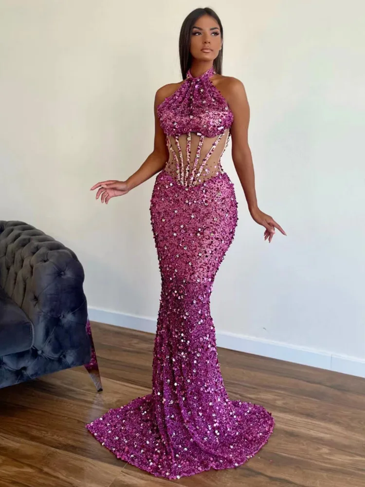 2023 New Luxury Rosered Color Women Sexy Off the Shoulder Shinning Sequines Bodycon Long Dress Celebrate Elegant Red Carpet Wear