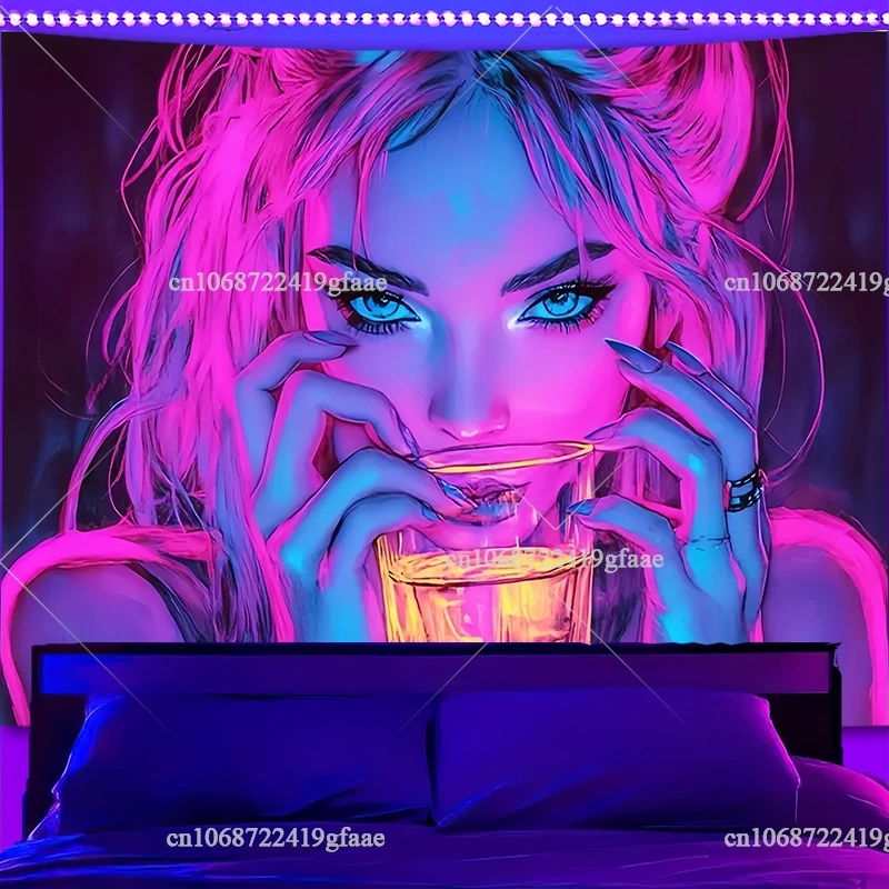 

Питная девушка, УФ-реактивный гобелен Blacklight, абстрактный женский флуоресцентный гобелен, светящийся в темноте неоновые гобелены для спальни