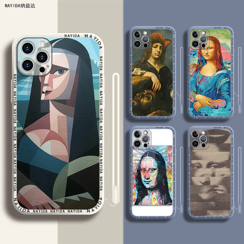 

Soft Silicone Phone Case For iPhone 14 13 11 12 Mini Pro Max XS XR X Blue Lanyard Cover David Mona Lisa Clear