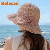 bow knot sun straw hat wide brim floppy summer fashion hats for women beach panama straw dome bucket hat femme shade leisure hat