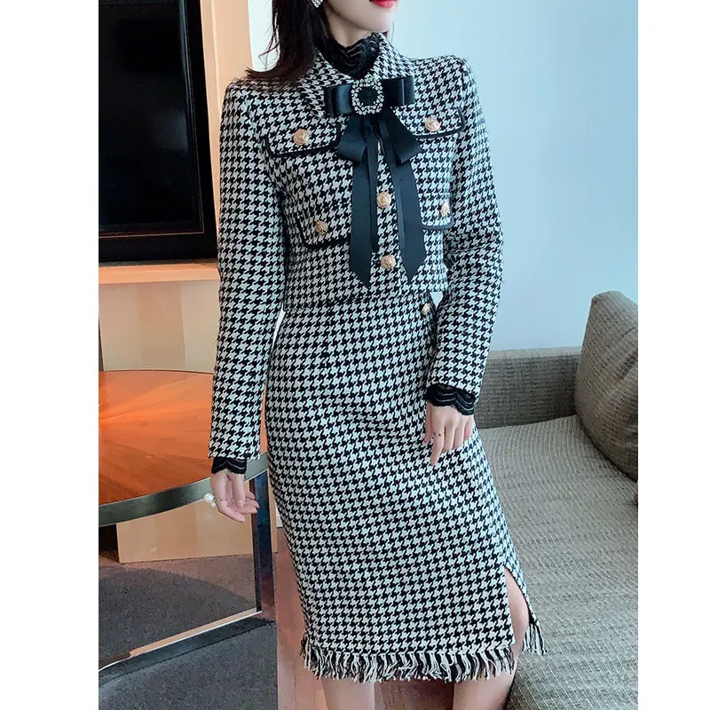 2022 Autumn Winter Houndstooth Women 2pc Skirt Sets Temperament Korea Style  Two-piece Suit Female Long Sleeve Bowtie Coat+Skirt