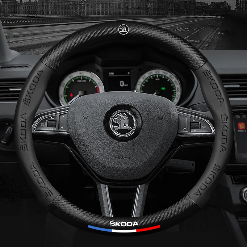 

Universal Four-seasonCarbon Fibre Leather Car Steering Wheel Cover All Season For Skoda Fabia Octavia A7 RS Superb Rapid Karoq