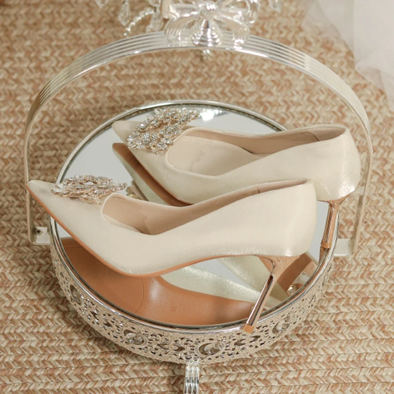 Women's Crystal Square Buckle High Heels Pumps 2023 Elegant Silk Thin Heeled Wedding Shoes Woman Slip On Pointed Toe Dress Shoes