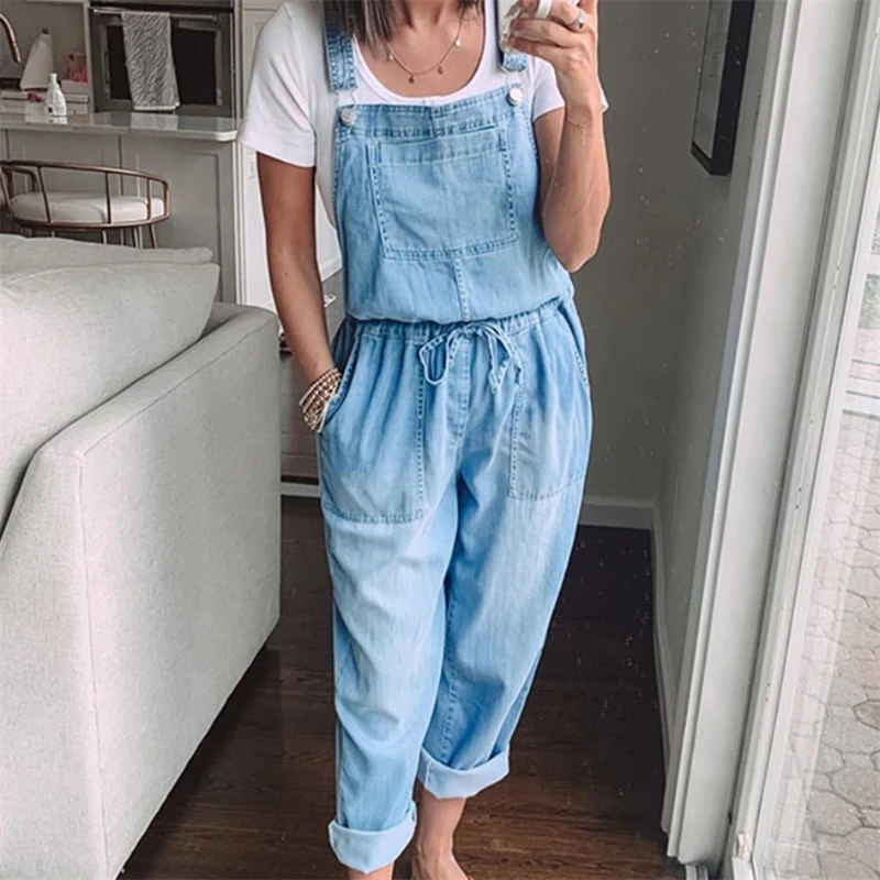 

Loose Casual Womens Denim Jumpsuit Lace Up Elastic Waist Overalls Solid Color Wide Leg Pants Trousers Female Bodysuit Jeans New
