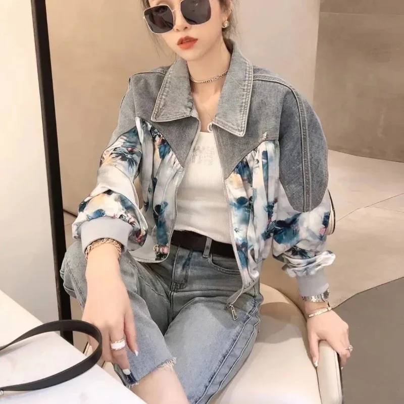 

Женская джинсовая куртка, Короткая синяя куртка с графическим принтом, укороченная джинсовая куртка в стиле пэчворк для весны и осени