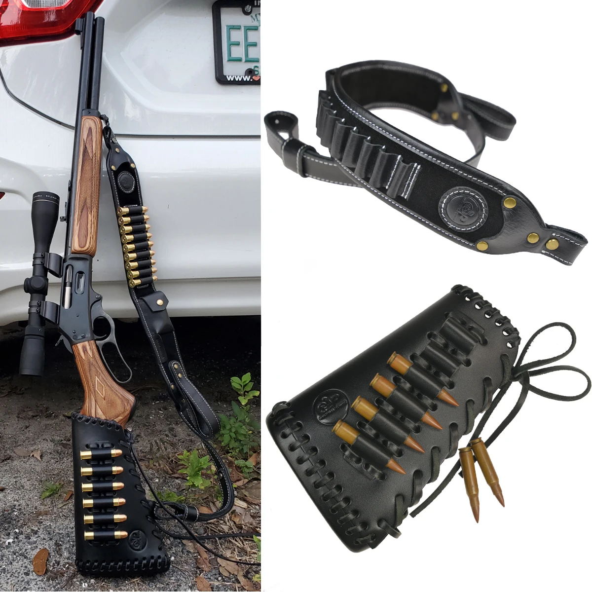Juego de Funda de cuero completo para Rifle, accesorio para munición, con cabestrillo de hombro/Correa + 2 piezas giratorias en negro para. 308 .30-06, 1 Juego