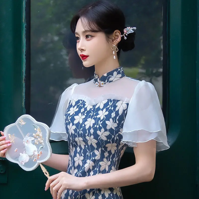 Green Blue Cheongsam French Floral Short Sleeve Chiffon Vintage Fishtail Dress Slim Wedding Costumes Elegant Qipao S To XXL
