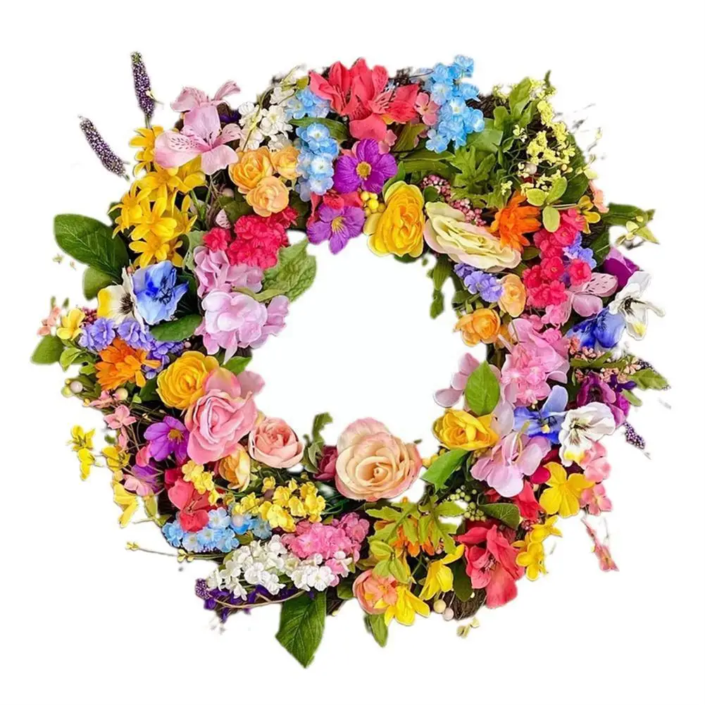 

35cm Decorative Door Wreath Front Door Spring Tulip Wildflower Flower Party Hanging Rainbow Garland Decoration Farmhouse Do T2t8